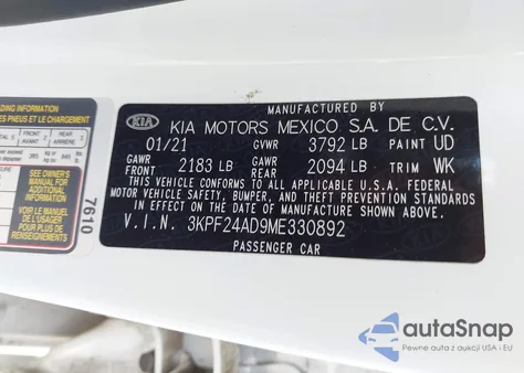 2021 Kia Forte Lxs z USA, uszkodzony, nr VIN 3KPF24AD9ME330892